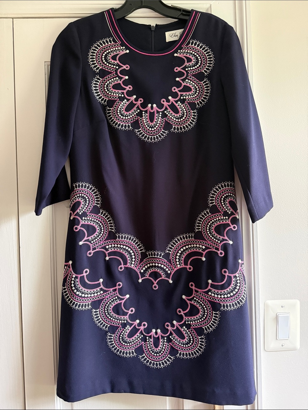 Eliza J Navy Shift Dress with Pink Embroidery